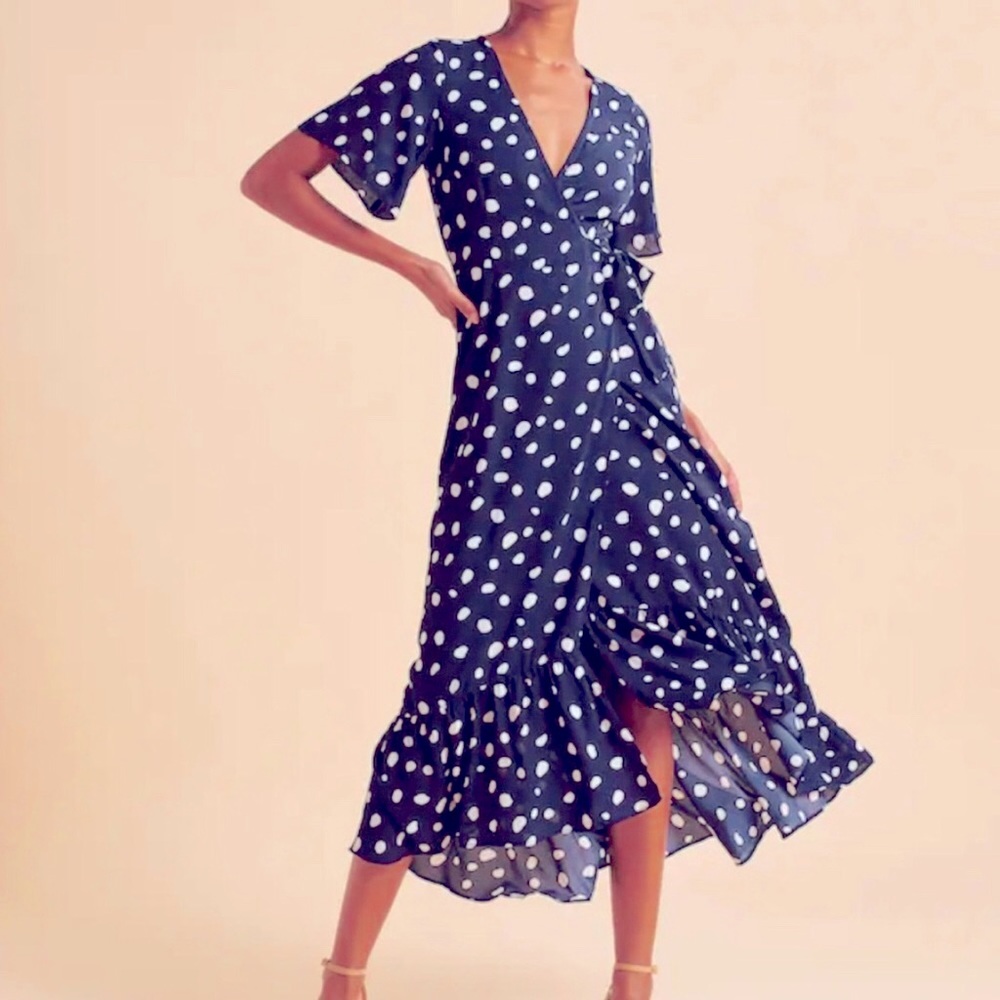 Abercrombie & Fitch Navy Blue Polka Dot Wrap Midi Dress